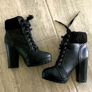 Women’s Black Boots size 7.5 Black wool on top 3 inches. 4 1/2 inch heel